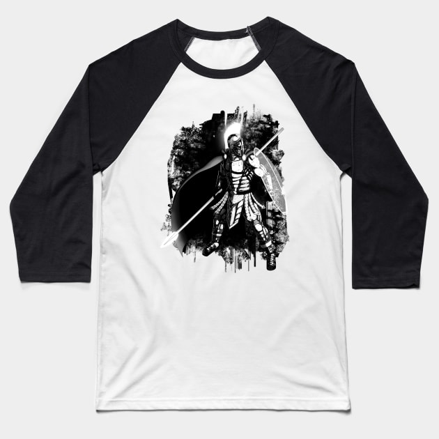 Futuristic Cyber Spartan Black and White Baseball T-Shirt by Art of Arklin